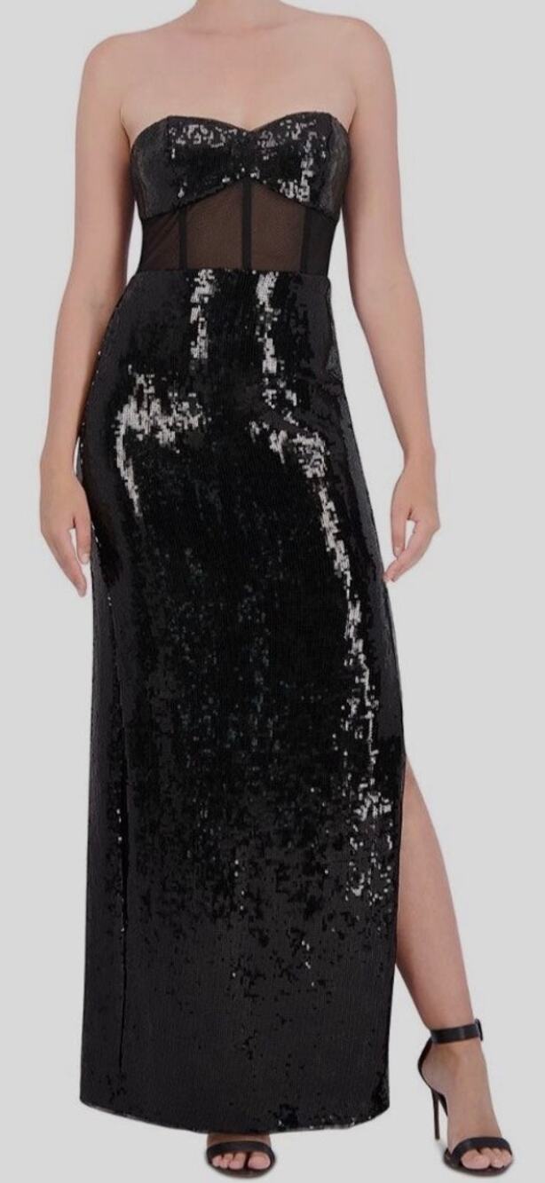 BCBGMaxazria Black Strapless Sequin Corset Style Maxi Dress 0 NWT